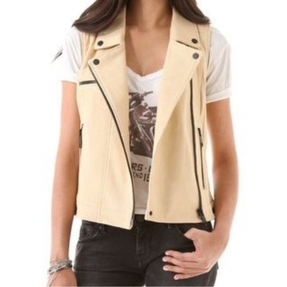 NEW Women's Cream Sleeveless Jacket Chaser Natural Leather Vest Moto Cream Med